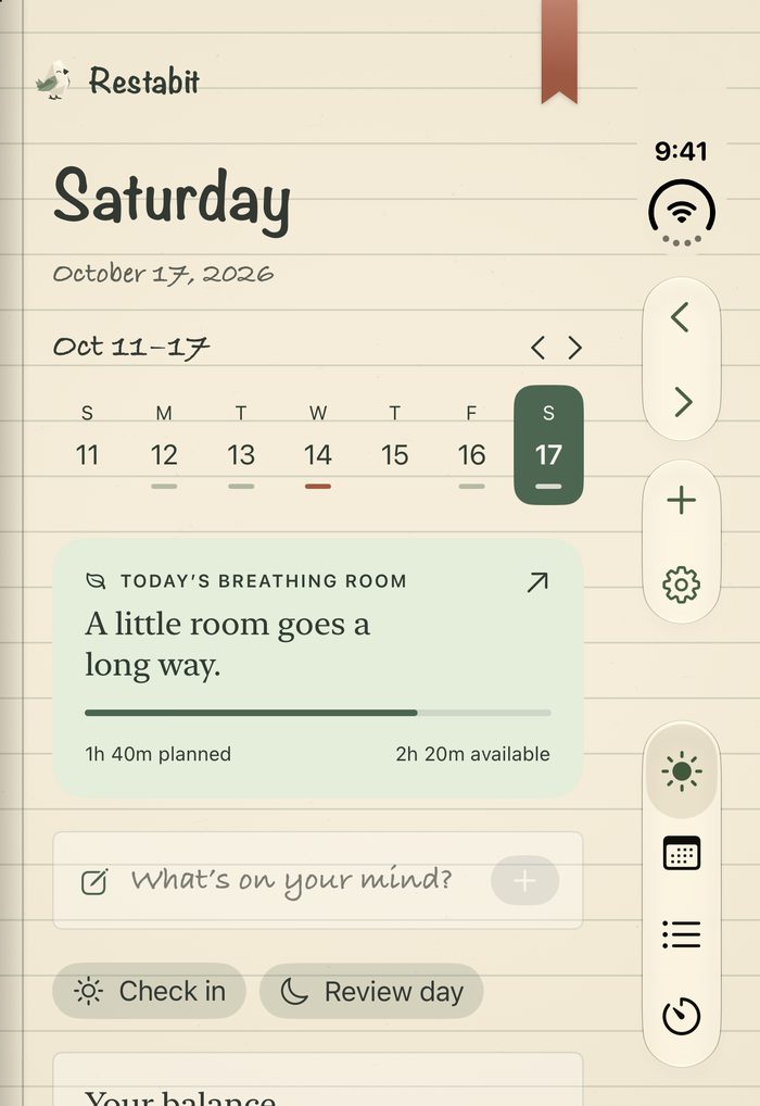iPhone Duo closed: the same Saturday page on the outer screen, with the week strip, breathing room and capture field.