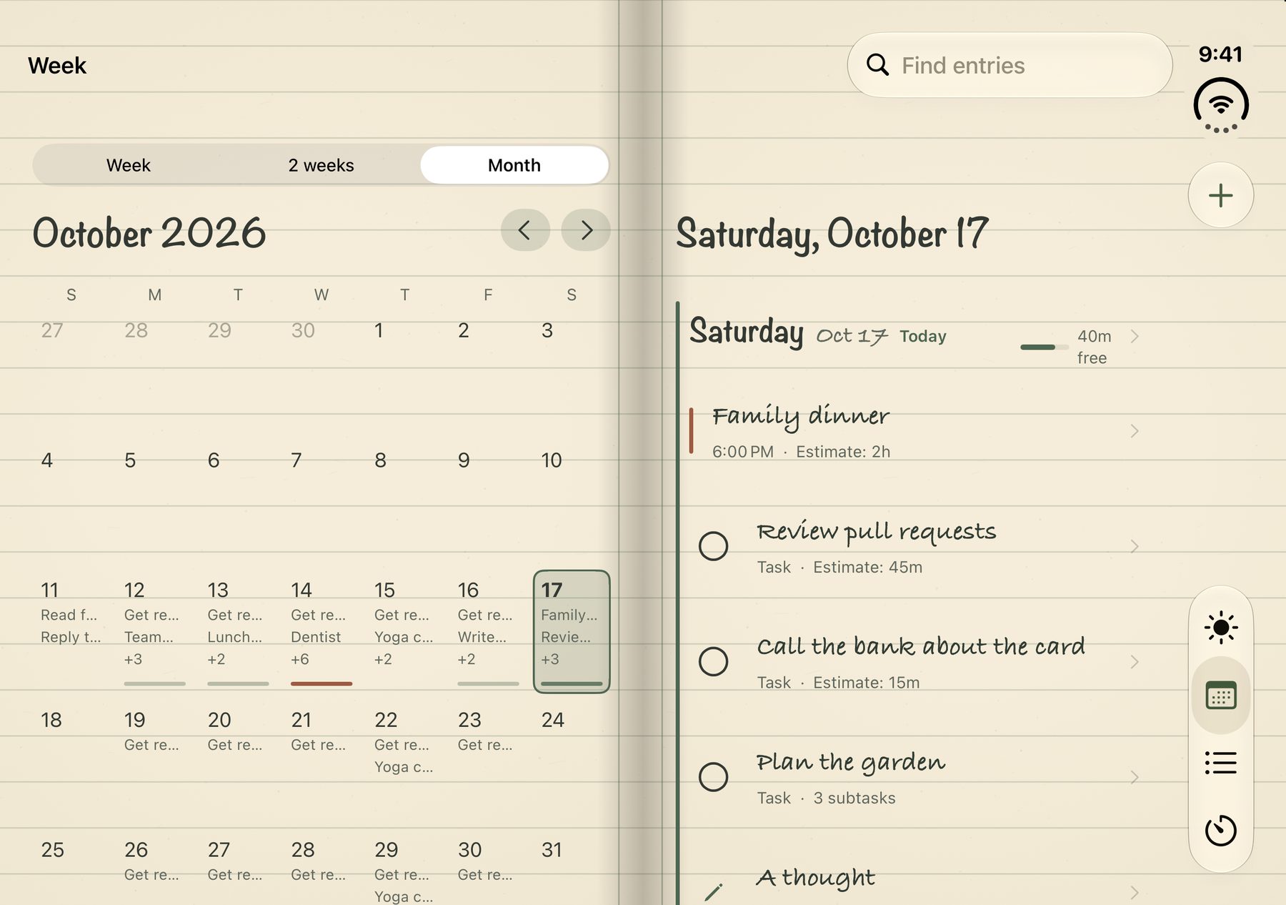 Restabit's month for October 2026 across both pages of iPhone Duo, with busy days marked and the selected day's entries beside the calendar.