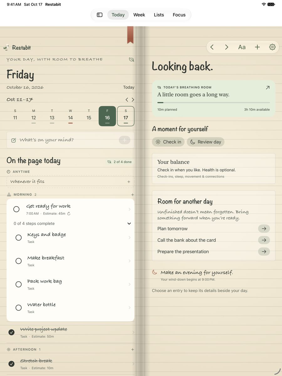 Restabit on iPad: Friday's agenda with a morning routine on the left page and “Looking back.” with Room for another day on the right.