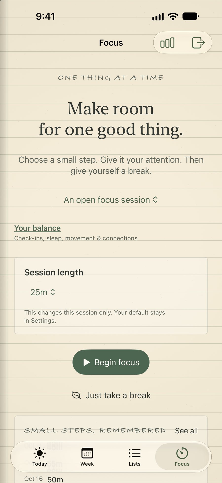 Restabit's Focus tab: “One thing at a time. Make room for one good thing.” A 25 minute session length, a Begin focus button and Just take a break.