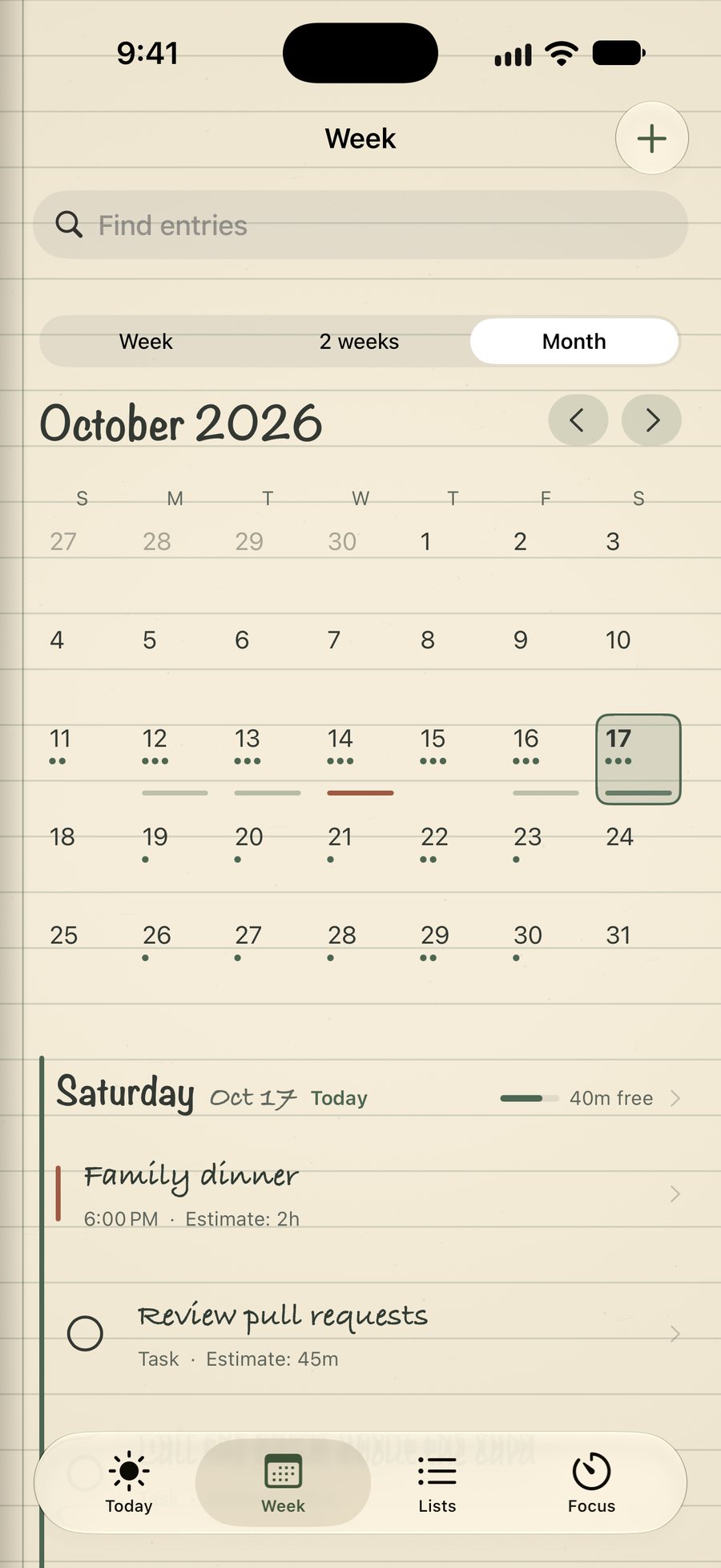 Restabit on iPhone: the month view for October 2026 with busy days marked.